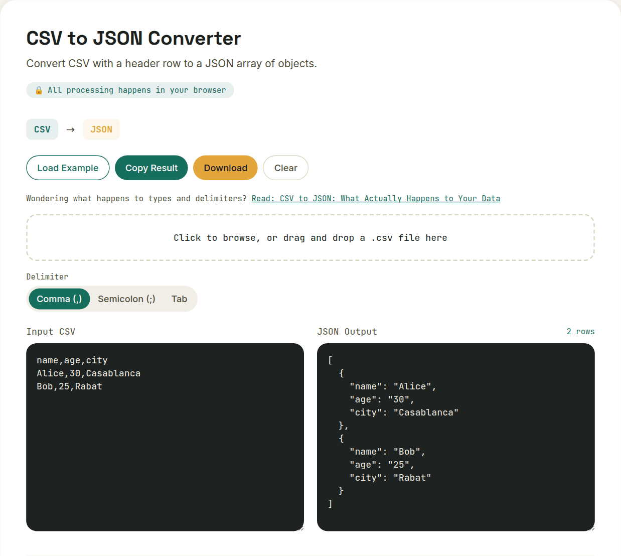 CSV to JSON Converter showing CSV rows with a header row converted into an array of JSON objects