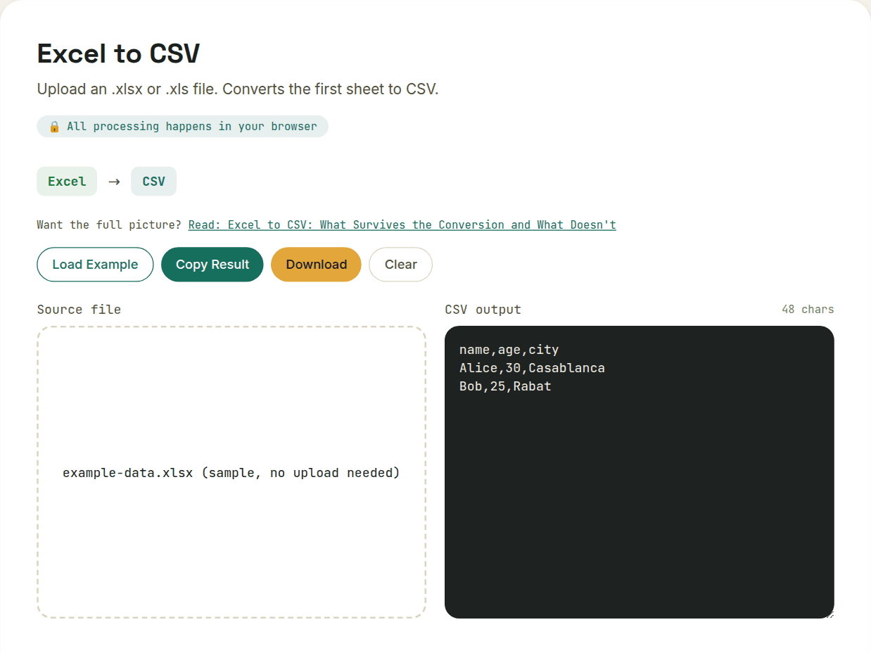Excel to CSV converter showing an uploaded spreadsheet's first sheet converted into plain CSV output
