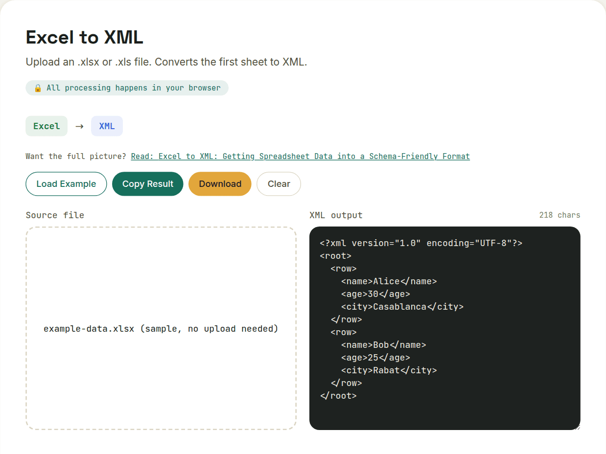 Excel to XML converter showing an uploaded spreadsheet's rows converted into XML row elements
