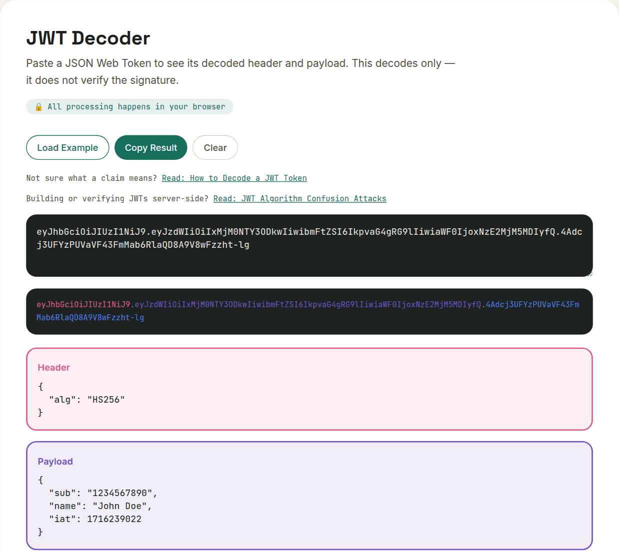 JWT Decoder showing a token's header field alg: HS256 alongside its decoded payload claims, illustrating the algorithm field an attacker would target in an algorithm confusion attack