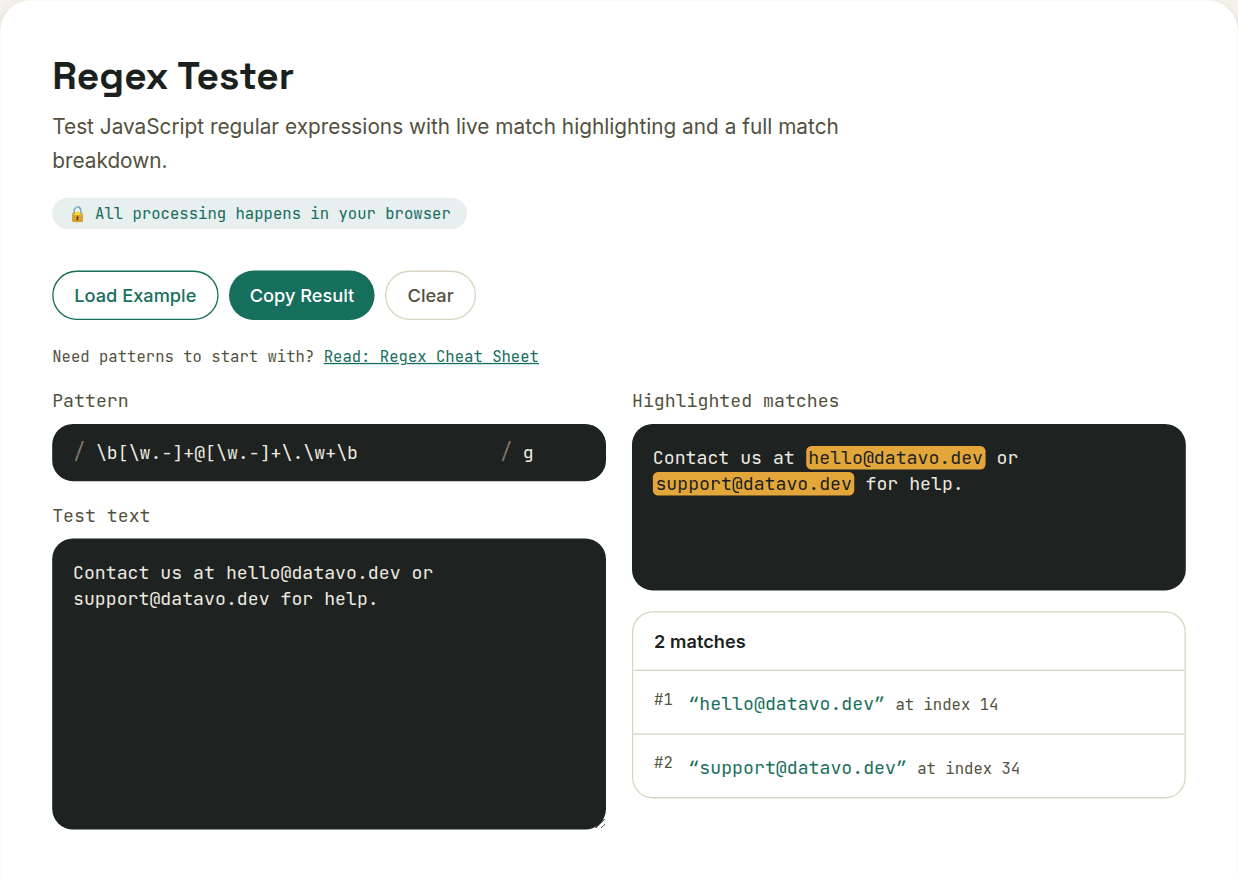 Regex Tester highlighting two matched email addresses in test text, with a match list showing each match's position