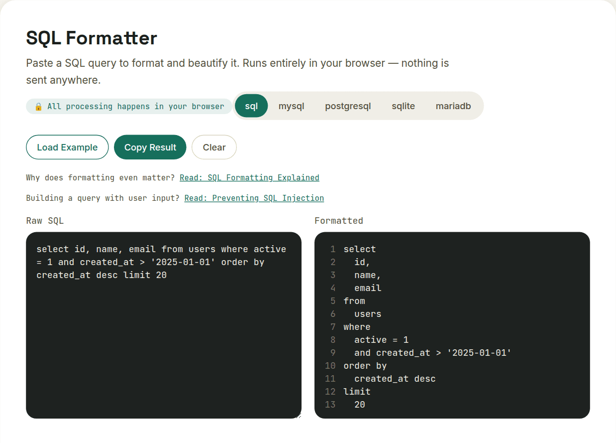 SQL Formatter showing a properly indented query with WHERE clause conditions on separate lines, illustrating the kind of formatting that makes a raw concatenated variable easy to spot in review
