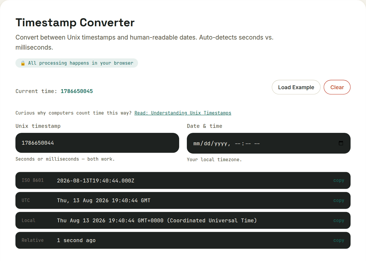 Timestamp Converter showing a Unix timestamp converted to its equivalent human-readable date and time