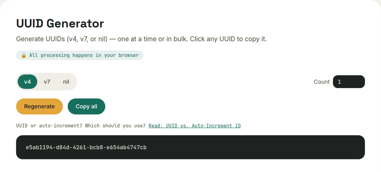 UUID Generator showing a randomly generated v4 UUID with a one-click copy option