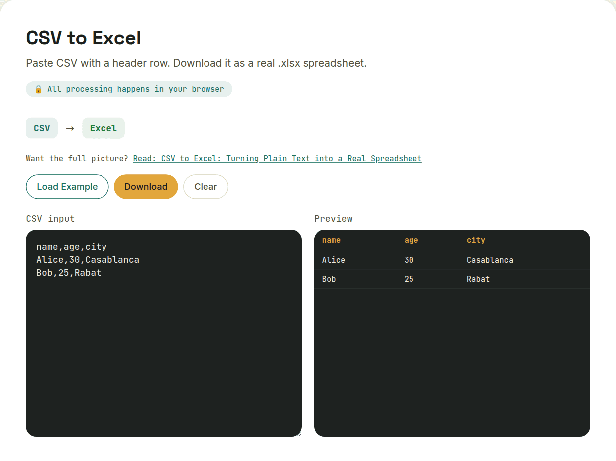 CSV to Excel converter showing pasted CSV data converted into a spreadsheet preview table