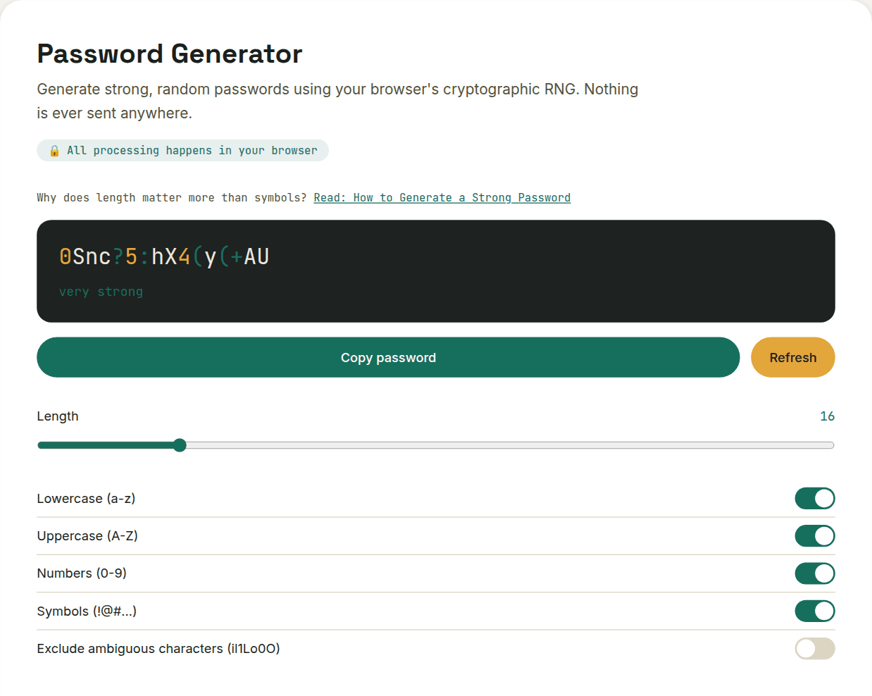 Password Generator showing a randomly generated password with mixed character types and a strength indicator