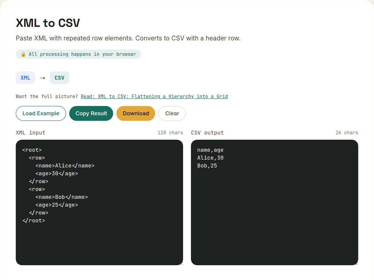 XML to CSV converter showing repeated XML row elements converted into a CSV table