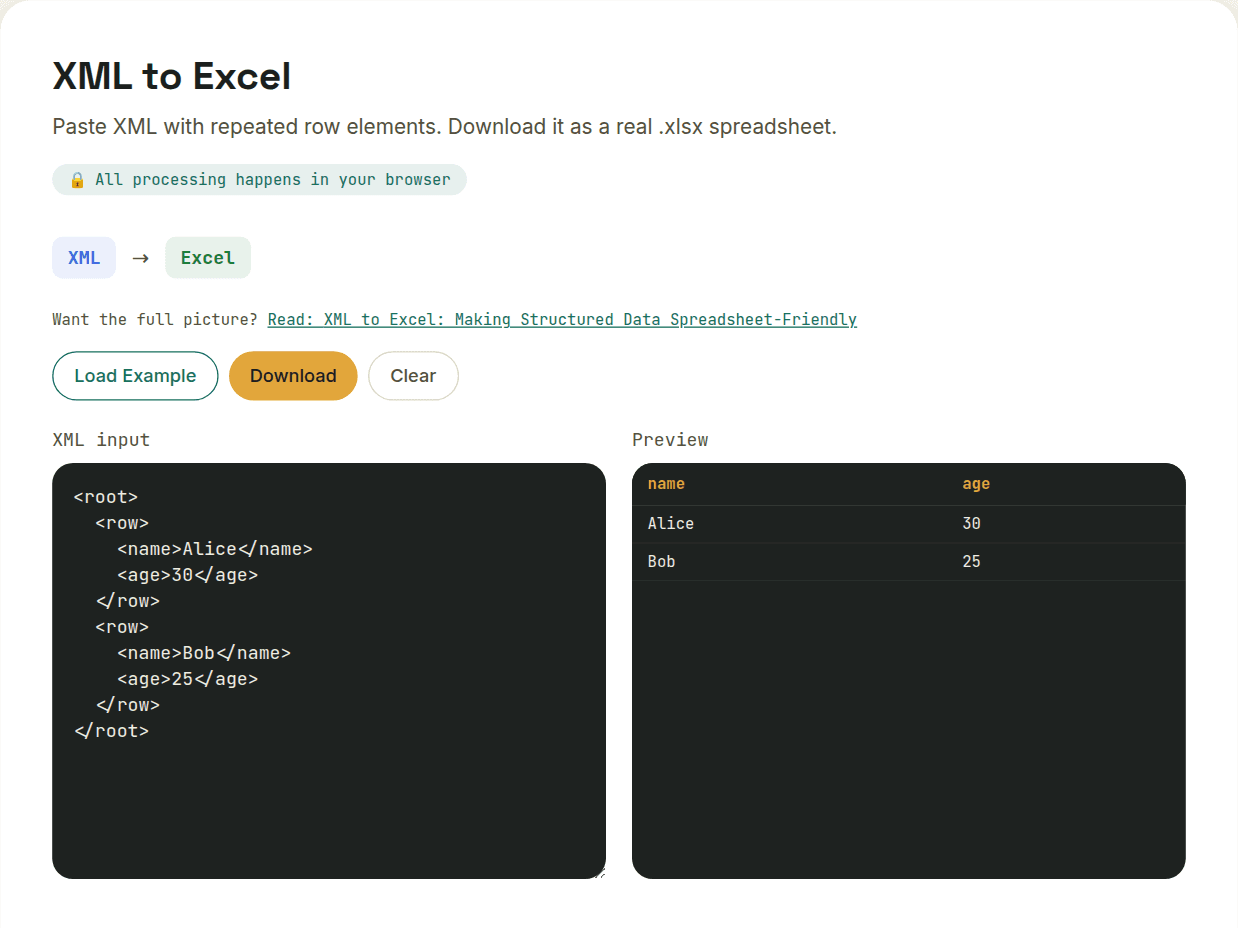 XML to Excel converter showing XML row elements converted into a spreadsheet-style preview table