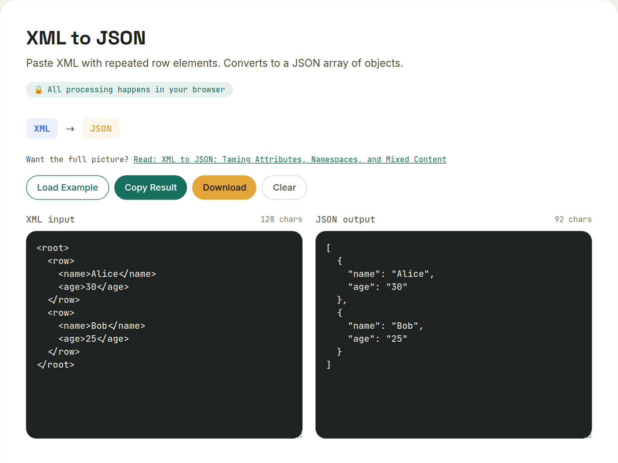 XML to JSON converter showing nested XML elements converted into a structured JSON object